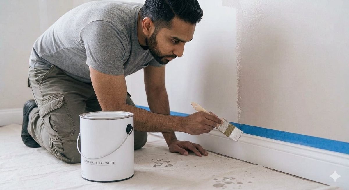 Technician brushing paint along masked baseboard trim