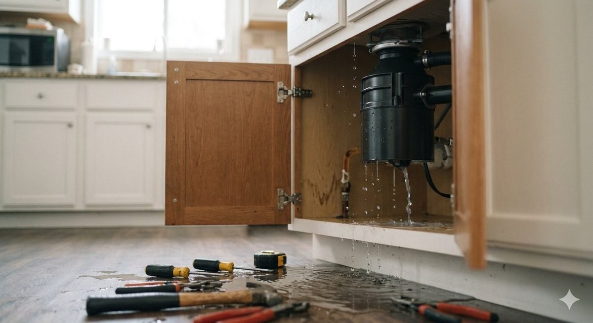 Leaking garbage disposal under a kitchen sink with repair tools laid out on the floor