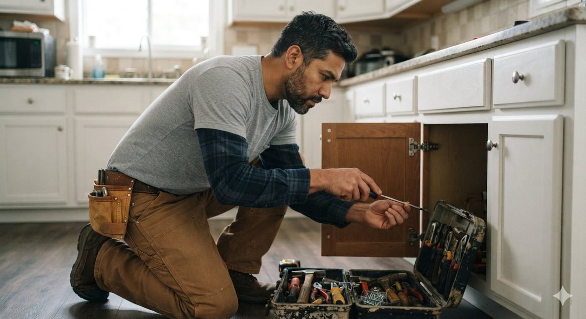 Handyman kneeling at an open kitchen cabinet with a toolbox, repairing under the sink