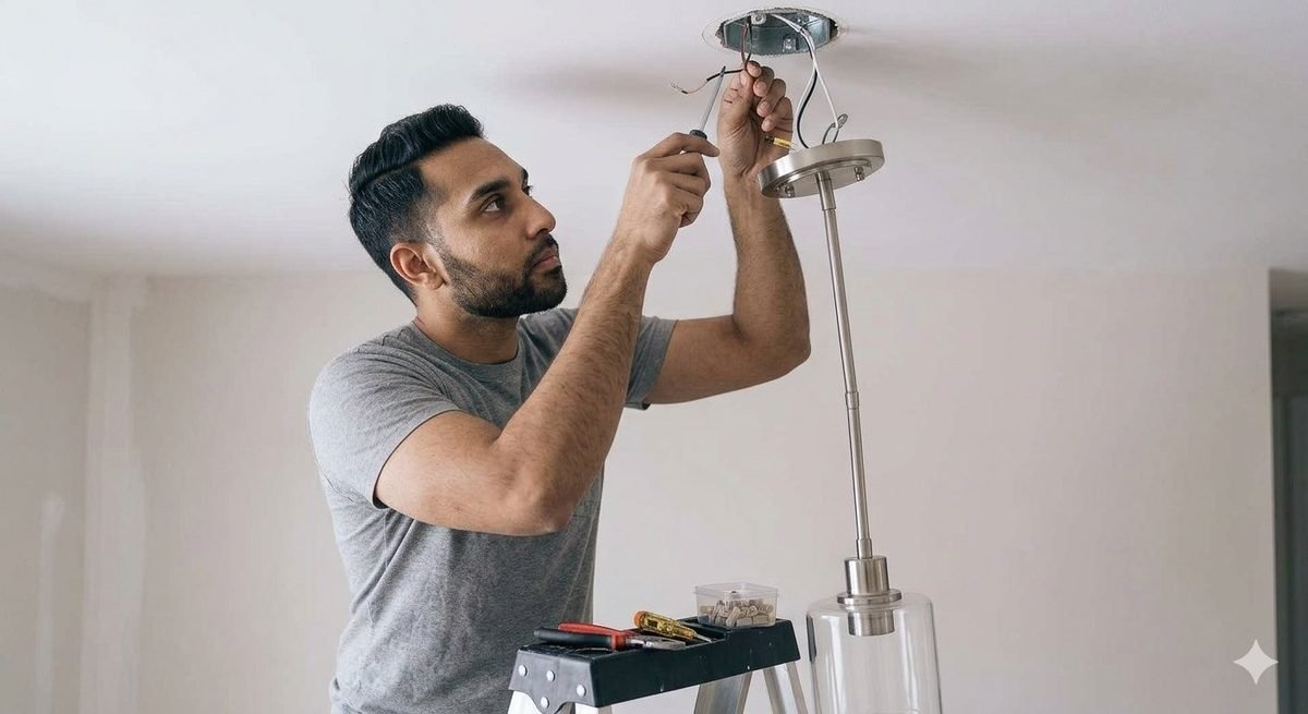 Technician wiring a new pendant light fixture to a ceiling junction box from a ladder