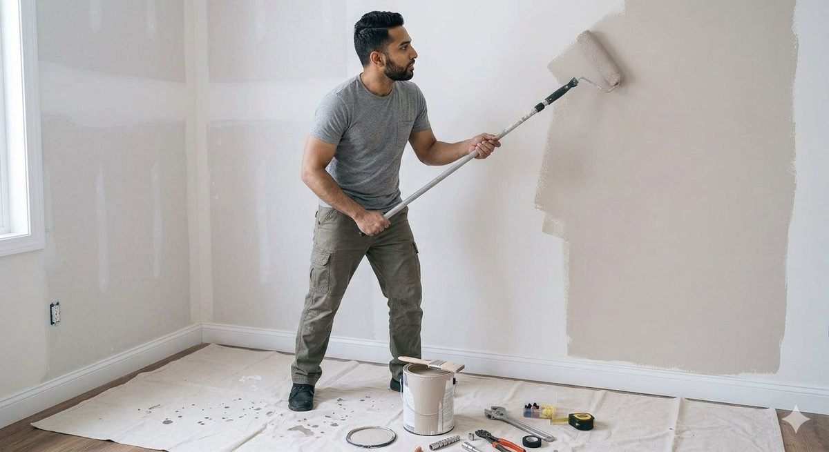 Technician rolling fresh paint onto a wall in an empty room, with drop cloth and tools on the floor