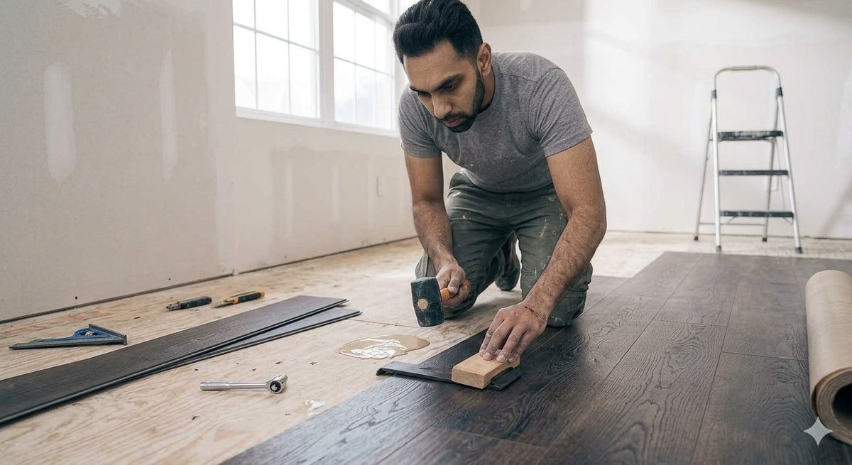Technician installing dark vinyl plank flooring over a plywood subfloor